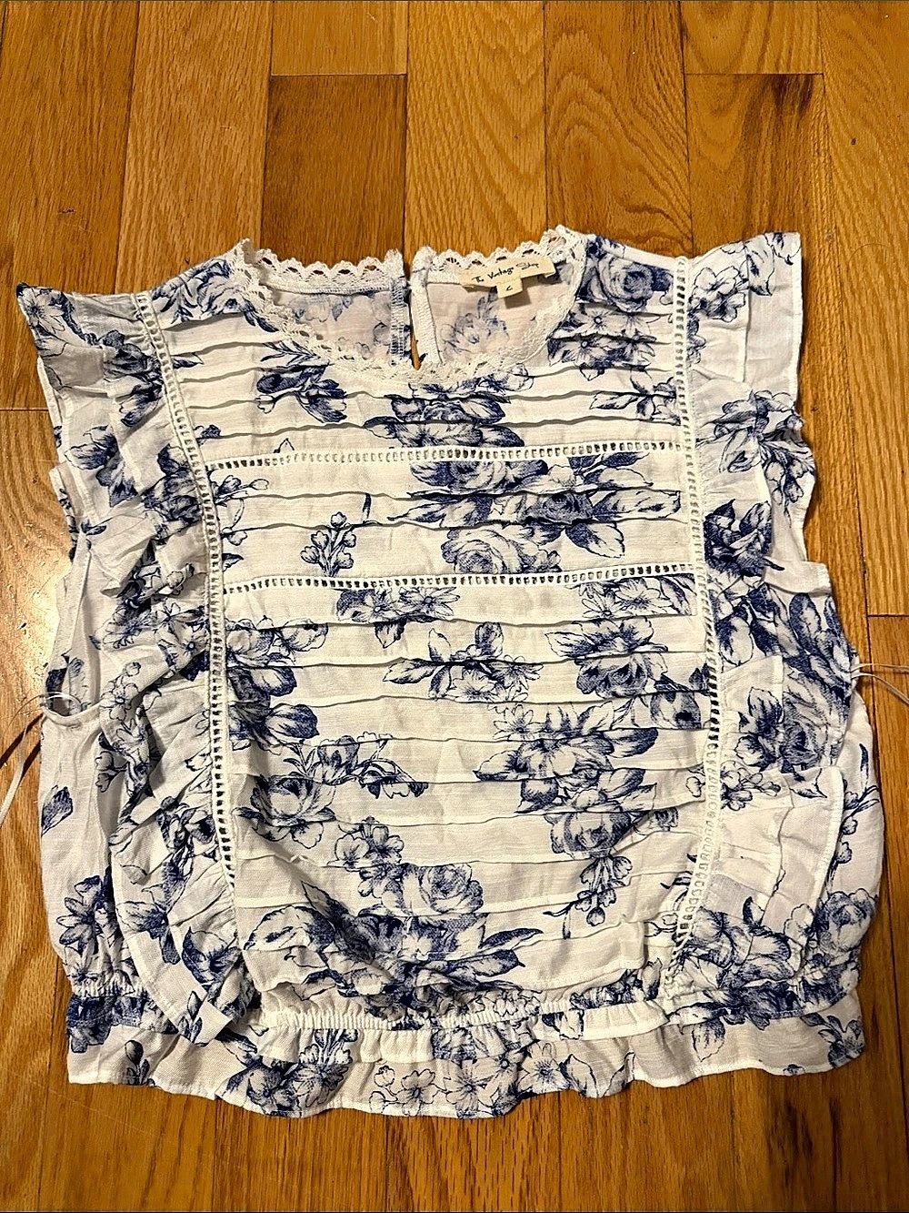 The Vintage Shop Floral Ruffle Camisole in White & Blue Size Large
